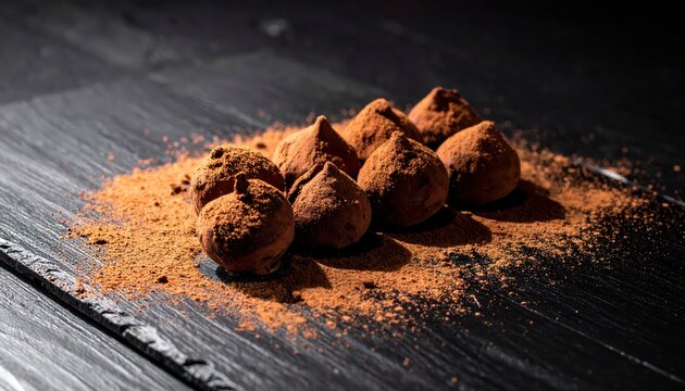 Rich Milk Chocolate Truffles Dusted with Cocoa Powder on a Dark Surface