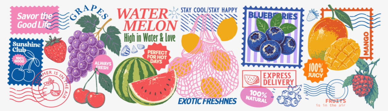 Fruit postage stamp collection featuring watermelon, grapes, blueberries, mango, cherries and strawberries with retro postal labels and marks. Summer vector set for branding, stickers and packaging.