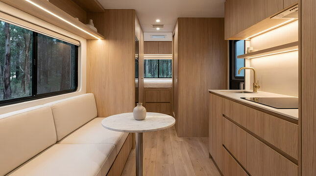 Modern and minimalist RV camper interior with a functional kitchen and dining area
