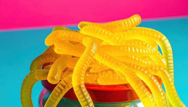 Pile of Yellow Gummy Worms Overflowing from a Candy Jar