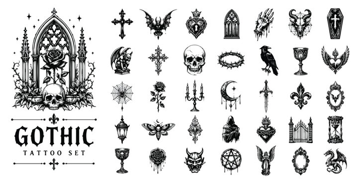 Old school tattoo collection with 32 vector icons, vintage traditional flash art set, classic nautical and animal tattoo elements for apparel design