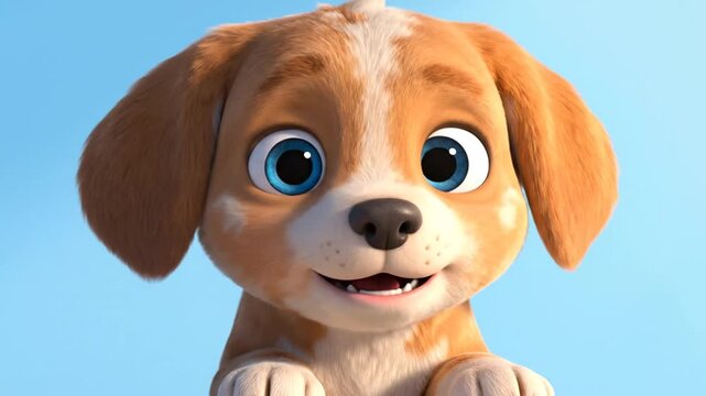 A cute animated dog peeks over a white surface with a blue background