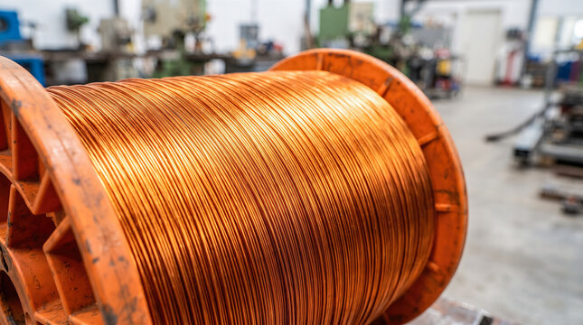 Large bright orange plastic spool holding tightly wound thick bare copper wire positioned inside modern mechanical workshop representing industrial electrical hardware engineering supply