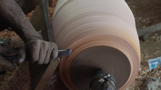 Woodworker Shaping Cylindrical Piece on Lathe Machine