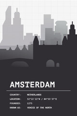 Obraz premium Amsterdam modern minimalist UI design poster with city skyline, text details. Netherlands digital graphic with for travel guide, web design, social media, presentation, brochure print