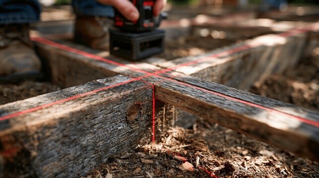 Construction worker uses a laser level to precisely align wooden beams during a new home building project, ensuring accuracy