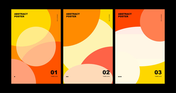 Three abstract art posters featuring soft overlapping organic circle shapes in warm sunset tones of orange and yellow on cream backdrop. vector. illustration