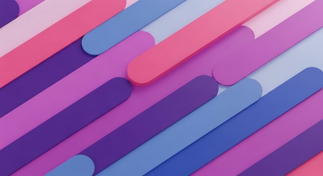 Abstract, colorful, angled, oblong shapes in various shades of pink, purple, and blue