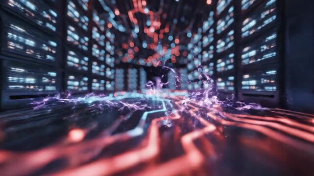 Abstract glowing digital data stream, circuitry network, fast data transfer, technological network, innovation concept