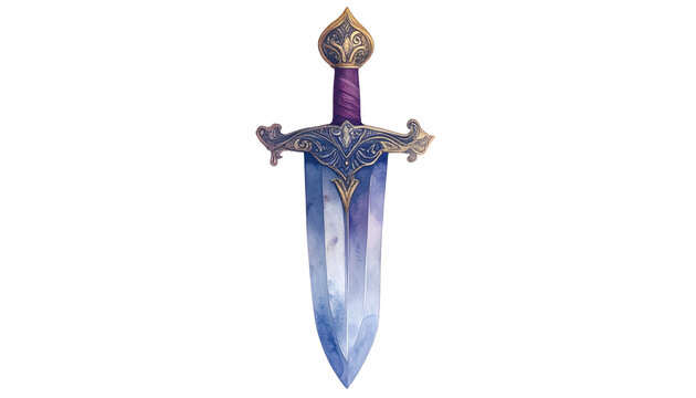 Watercolor Fantasy Dagger Illustration Blue Blade Gold Hilt Purple Handle