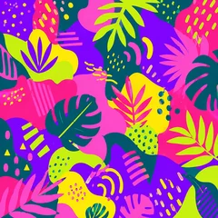 Abstract jungle-inspired pattern with bold geometric shapes in saturated hot pink, lime, purple and teal, dynamic modern artistic composition © Evando