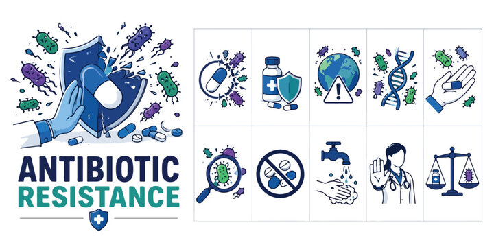 Antibiotic resistance medical infographic vector, healthcare awareness icons for bacterial infection prevention, pharmaceutical medicine safety set