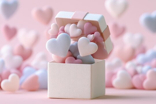 Pastel hearts overflowing from white gift box on pink background in a dreamlike macro shot for valentines day and romantic brand advertising