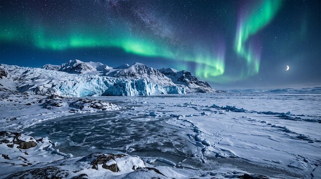 A breathtaking panoramic landscape featuring the vibrant Aurora Borealis dancing across a star-filled polar night sky above a massive glacier, frozen sea, and snow-covered mountain range. The tranquil