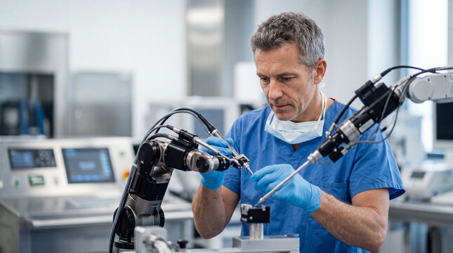 Medical Engineer Calibrating Precision Robotic Surgery System