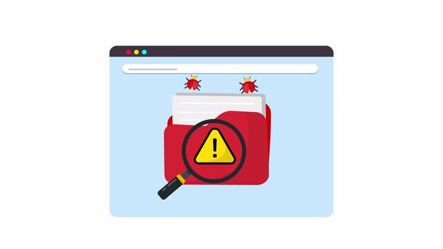 Folder security scan animation concept. Magnifying glass over red folder with warning sign and bug icons showing malware detection, cybersecurity, data protection and system threat analysis.
