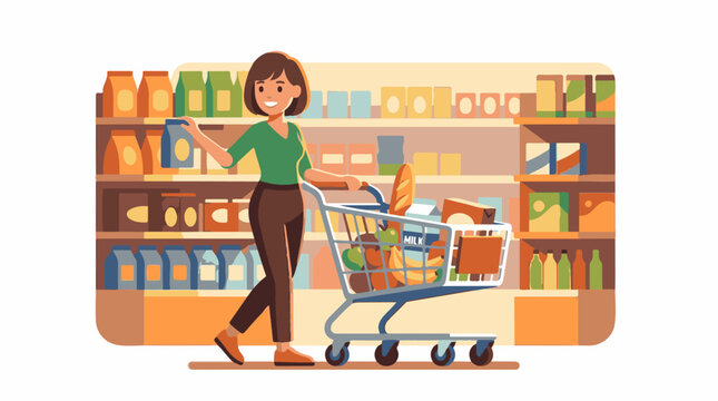 Person pushing shopping cart filled with groceries down an aisle