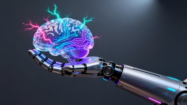 Robot hand holding a glowing brain