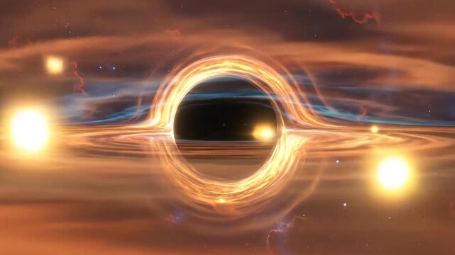 A glowing dark hole surrounded by a bright orange accretion disk