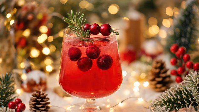Red cocktail with cranberries and pine sprig
