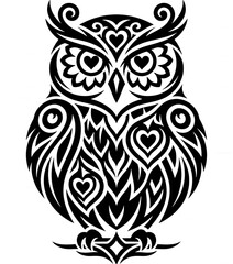 Fototapeta premium Tribal owl tattoo vector. Wise night bird with heart shapes in black and white silhouette style, perfect for education logo, mascot or mystical design.