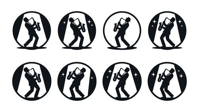 Saxophone Player Silhouette Set, Jazz Music Icon, Spotlight Performance