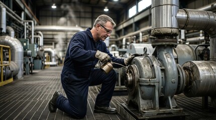Fototapeta premium A skilled industrial worker performing maintenance tasks in a large factory setting