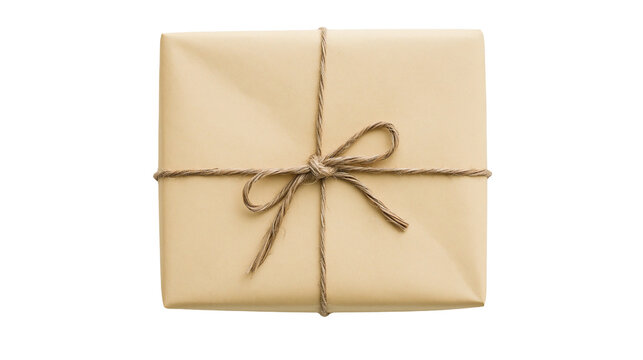 Brown paper wrapped gift box tied with twine knot, isolated on transparent background