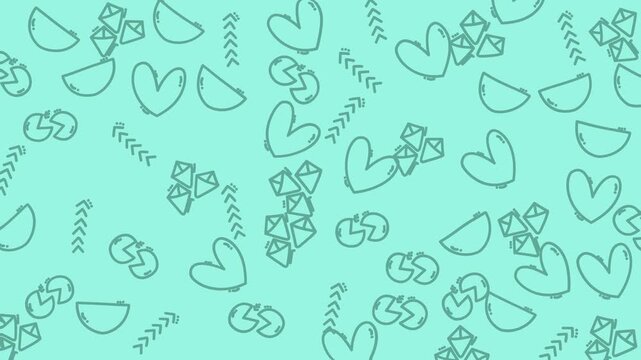 Green background pattern with hand drawn hearts, diamonds, arrows, and lemon slices. Suitable for graphic design projects, stationery, and summerthemed designs.