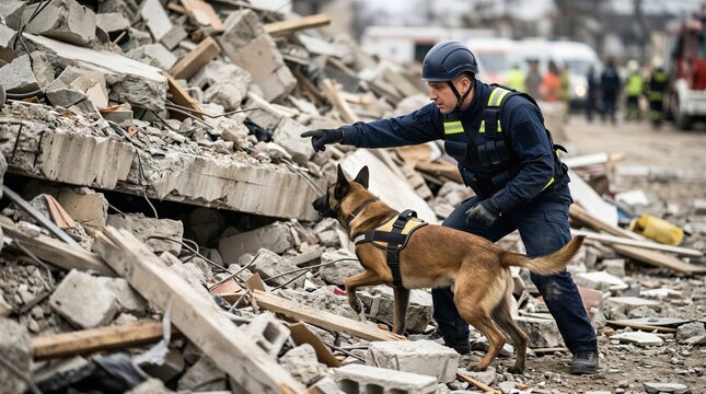Search and rescue team, dog, rubble, disaster response, emergency services