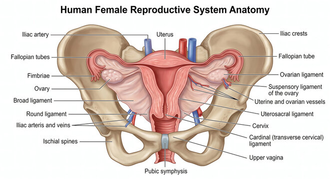 Anterior view of human female reproductive system anatomy isolated on white background.