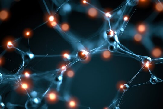Molecular structure glowing with orange nodes in a dark void macro shot with sharp focus for science and technology marketing