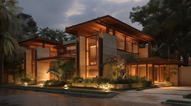 Modern architectural masterpiece with wooden accents and beautiful landscaping at dusk, showcasing innovative design and warm lighting effects