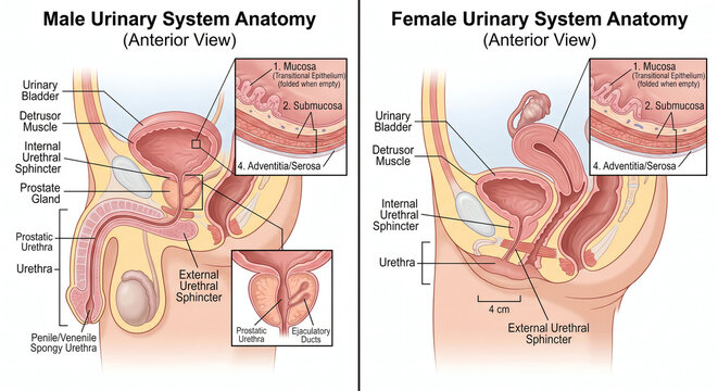 Comparative anatomy of male and female human urinary bladder isolated on white background.