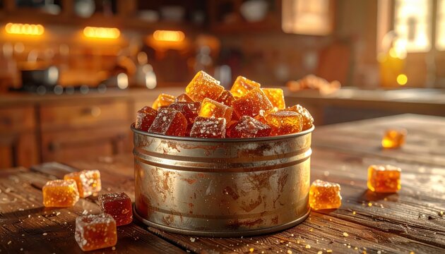 Rustic tin filled with glowing cinnamon hard candies on a wooden table