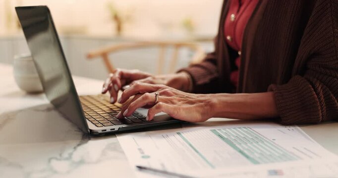 Hands, woman and typing in home with laptop, research or application policy for financial loan. Person, pc and registration at house with document, finance contract and compliance form for investment