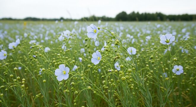 Field of delicate blue flax flowers in bloom, agricultural crop, summer nature