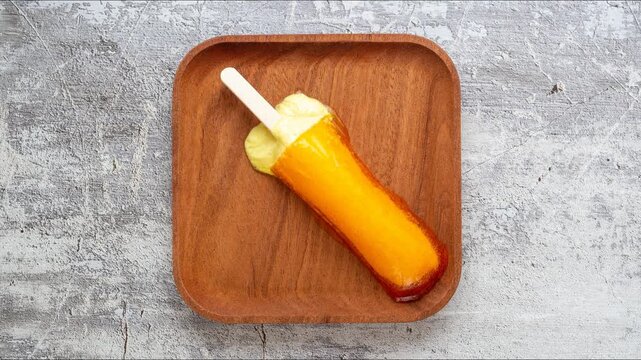 Timelapse: dissolution of fruit ice cream on wooden square plate, top view	

