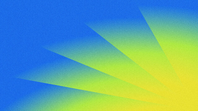 Modern abstract graphic background featuring diagonal radial striped gradient shifting from deep blue to lime green and bright yellow, vintage grainy noise texture.