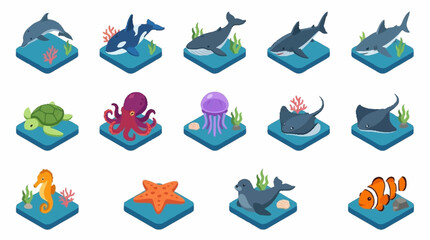 Colorful Isometric Ocean Creatures Collection. © Lucas