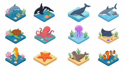 Colorful Isometric Ocean Animals and Sea Creatures Collection. © Lucas