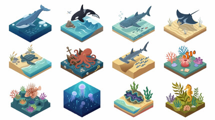 Colorful Isometric Ocean Creatures and Coral Reefs. © Lucas