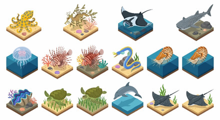 Colorful Isometric Ocean Life and Coral Reef Scene. © Lucas