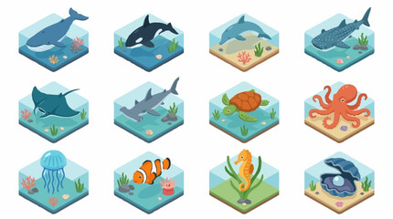 Colorful Isometric Ocean Creatures Collection. © Lucas