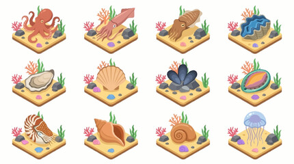 Colorful Isometric Ocean Creatures and Shells Collection. © Lucas