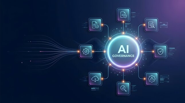Artificial intelligence governance framework visualizing ethical compliance data security and automated policy management on digital interface