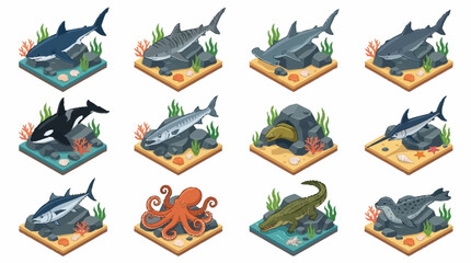 Colorful cartoon sea creatures in isometric style. © Lucas