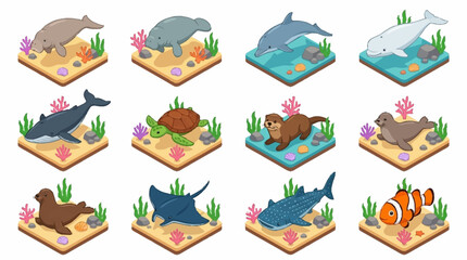 Colorful Isometric Sea Creatures in Ocean Habitat. © Lucas