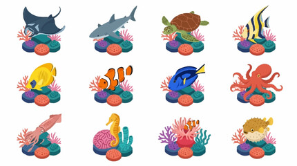 Colorful cartoon sea creatures on coral reefs. © Lucas