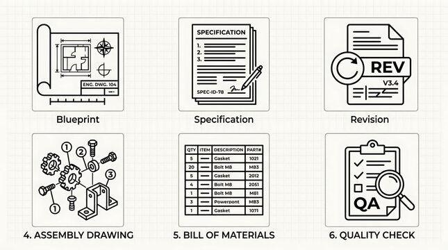 The detailed engineering plan features a blueprint, specification sheet, and revision notes alongside assembly drawing, bill of materials, and quality check documents.